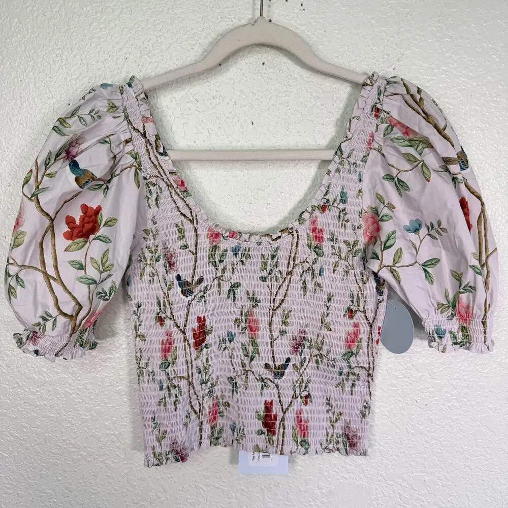 Hill House Diane Hill Top Womens Small Aiko Floral Crop Smocked Blouse Boho NEW